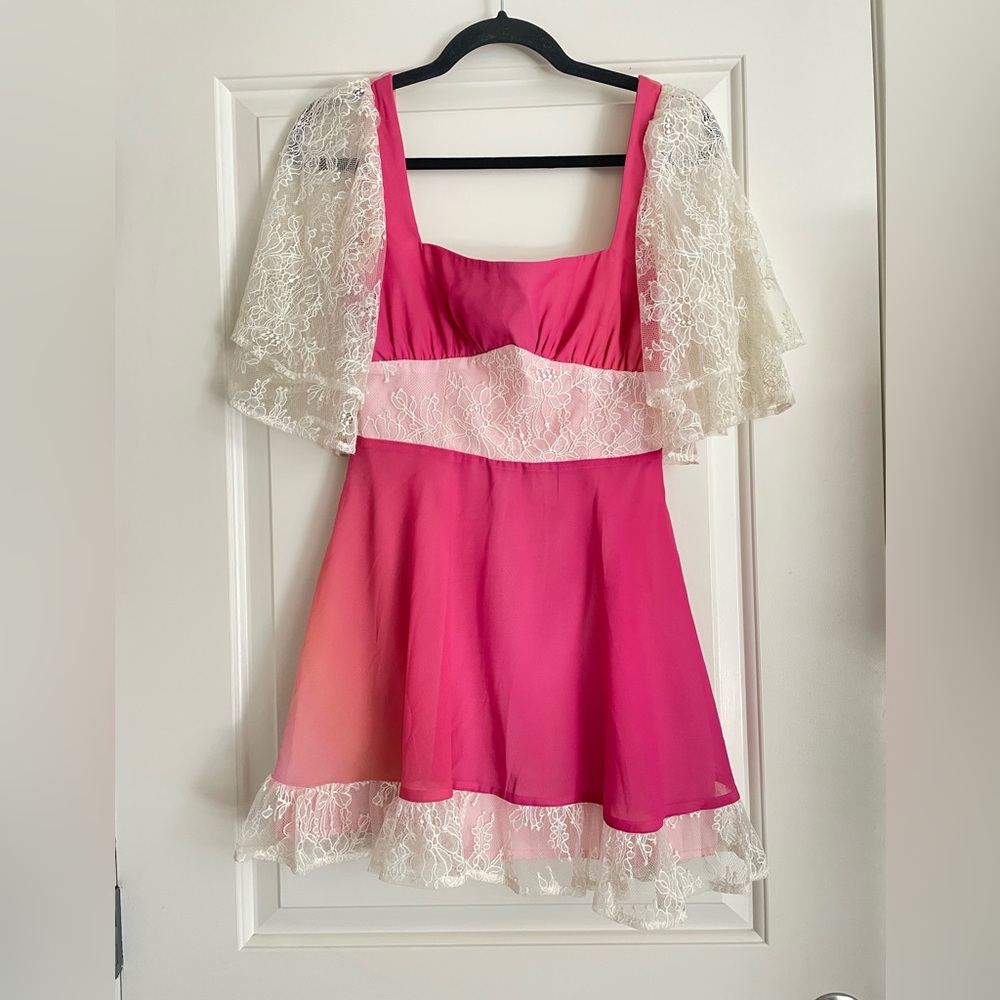 Lovers + Friends Pink Mini Dress with Lace and Ombré Chiffon trim‎